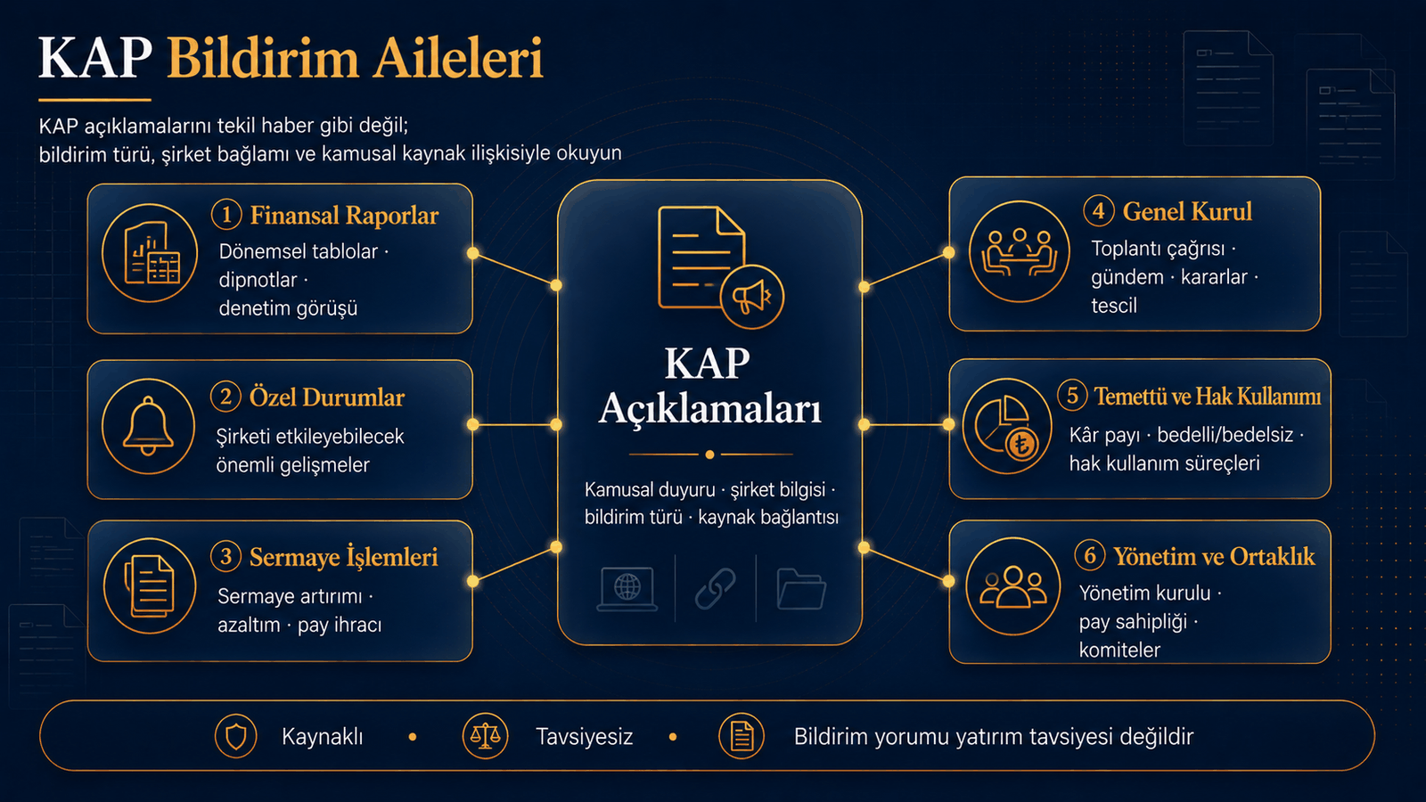 KAP açıklamalarını finansal raporlar, özel durumlar, sermaye işlemleri ve diğer bildirim aileleriyle sınıflar.