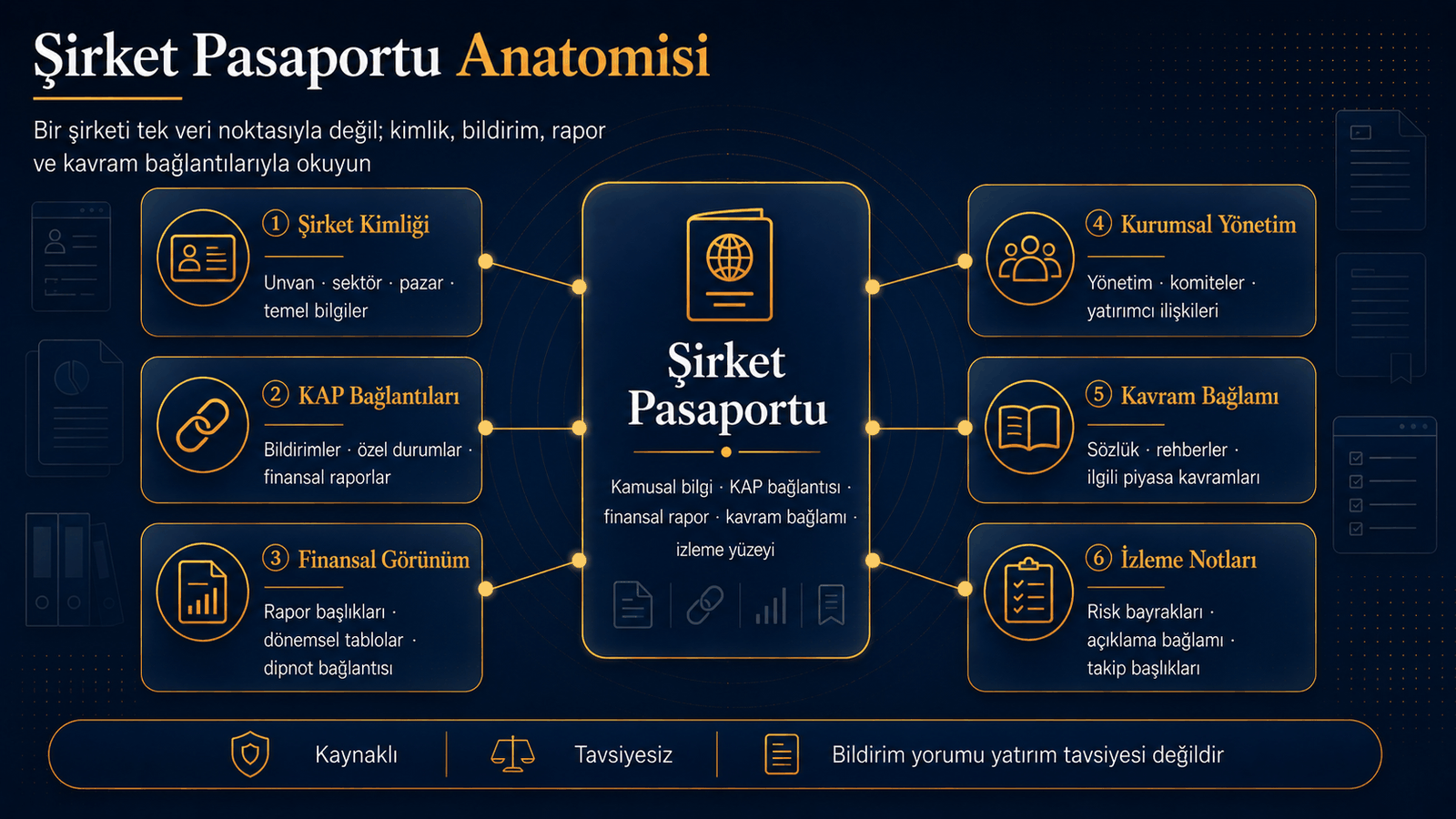 Şirket kimliği, KAP bağlantıları, finansal görünüm, kurumsal yönetim, kavram bağlamı ve izleme notları.