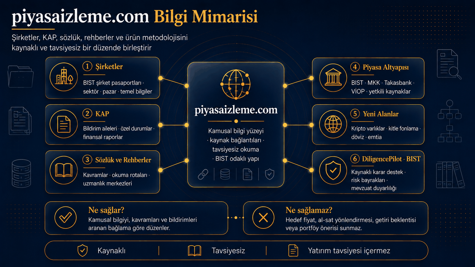 Şirketler, KAP, sözlük, piyasa altyapısı, yeni alanlar ve DiligencePilot · BIST katmanı.