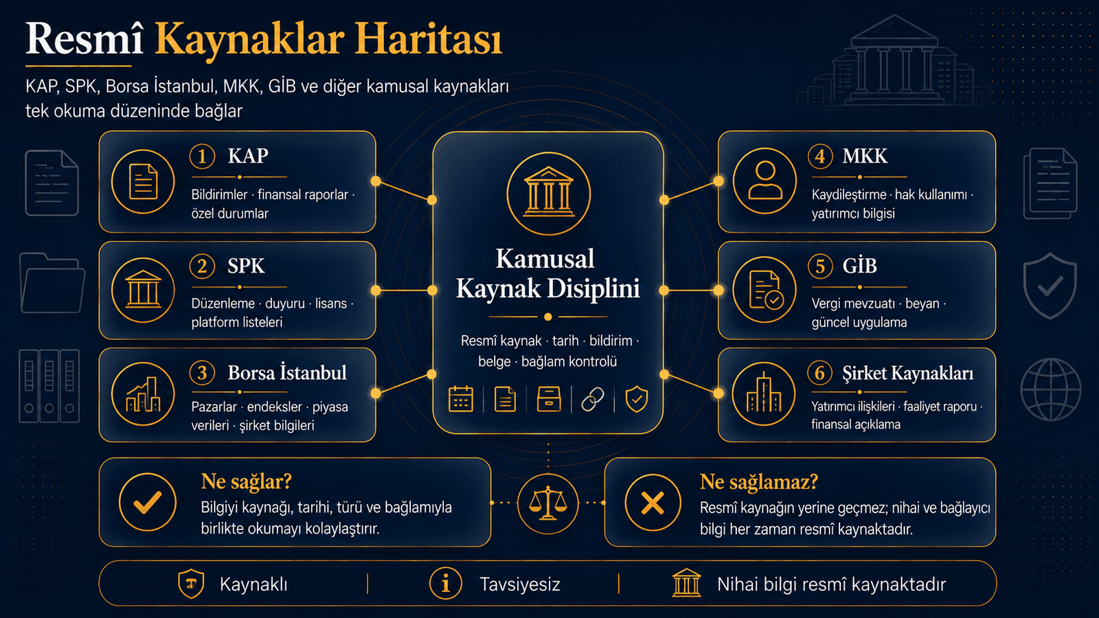 KAP, SPK, Borsa İstanbul, MKK, GİB ve şirket kaynaklarını kaynak disipliniyle bağlar.